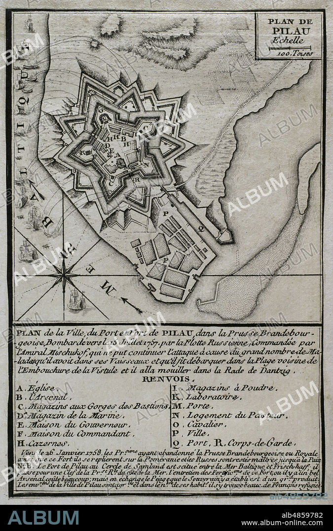 JEAN DE BEAURAIN (1696-1771). FRENCH GEOGRAPHER.. Seven Years War (1756-1763). Map of the fortress of Pillau, on the Baltic Sea. The Russian army was bombarding the fortress during 1757 and 1758, altough was forced to cease it attacks because of an excessive incidence of disease. Despite this, the Prussians abandoned the fortress in early 1758, and remained in Russian hands during the duration of the war. Published in 1765 by the cartographer Jean de Beaurain (1696-1771) as an illustration of his Great Map of Germany, with the events that took place during the Seven Years War. Engraving. French edition, 1765. Military Historical Library of Barcelona (Biblioteca Histórico Militar de Barcelona). Catalonia. Spain.