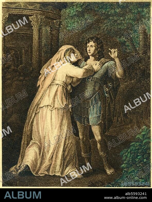 Goethe, Johann Wolfgang von; 1749-1832. "Goethe als Orest, Corona Schröter als Iphigenie in einer Aufführung von Goethes 'Iphigenie in Tauris'." (Aufführung der Prosafassung durch das Liebhabertheater Weimar am 6. April 1779). Kupferstich, koloriert, nach dem Gemälde, 1779, von Georg Melchior Kraus. (1737-1806).