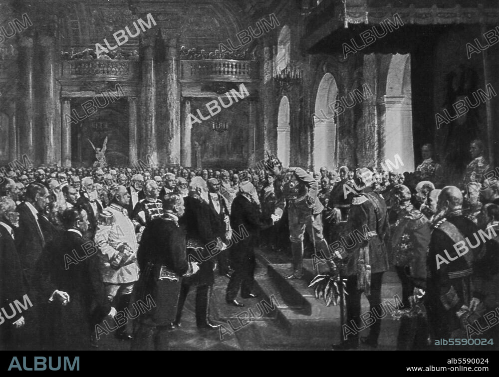 1. Weltkrieg 1914-18 / Außerordentliche Tagung des Reichstages, 4. August 1914:. Thronrede Kaiser Wilhelms II. im Weißen Saal des Berliner Schlosses (li. Reichstagsabgeordnete, re. Staatssekretäre, hinten Generalität). Zeitgen. Gemälde von Otto Seeck. (1868-1937).