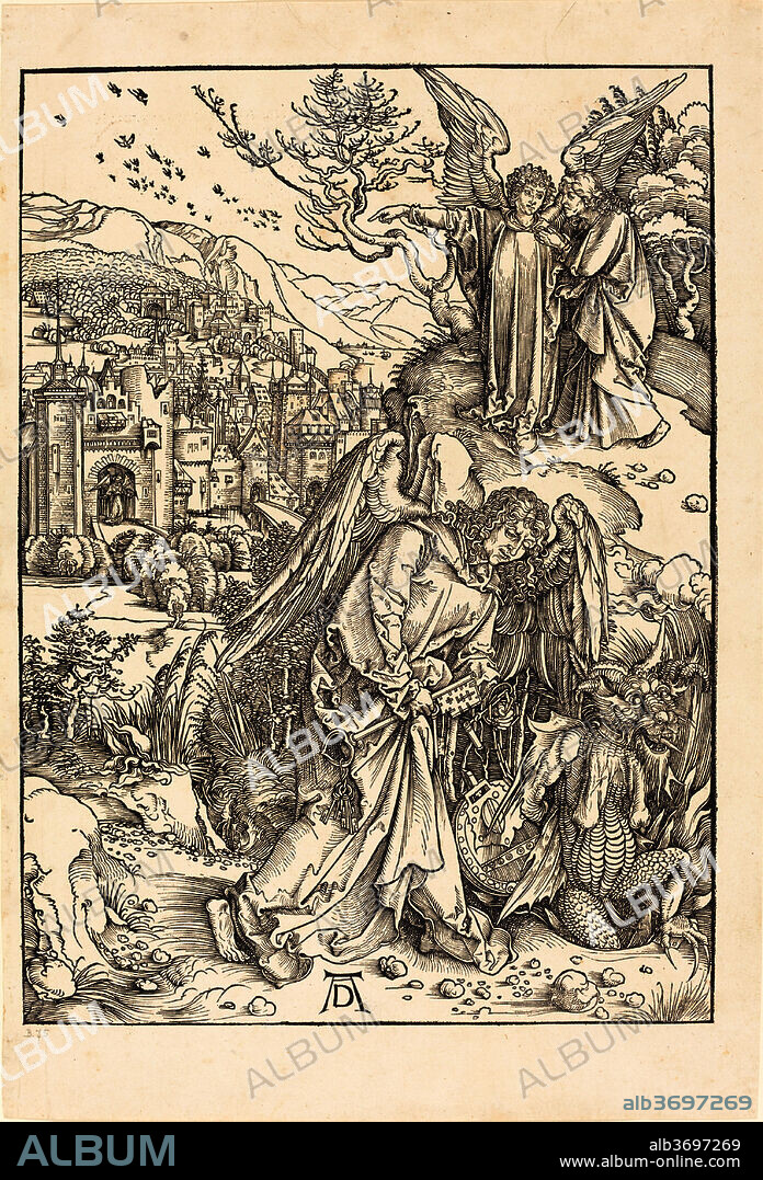 ALBRECHT DÜRER. The Angel with the Key to the Bottomless Pit. Dated: 1498. Dimensions: image: 39.3 x 28.3 cm (15 1/2 x 11 1/8 in.)  sheet: 46 x 31.2 cm (18 1/8 x 12 5/16 in.). Medium: woodcut on laid paper.