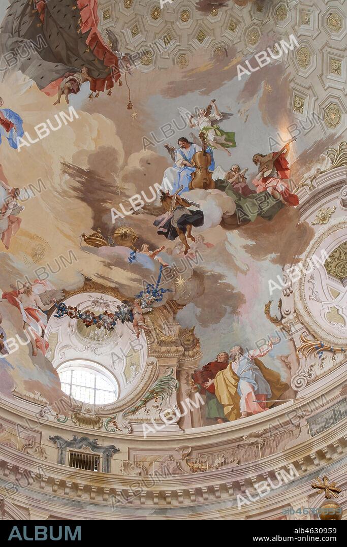 Sanctuary of Vicoforte: view of the dome with "The Assumption of Mary". Between allegorical scenes (the cardinal Virtues, the Doctors of the Church and adoring angels), the Apostles are present to the glorification of Mary. Cloud and chiaroscuro effects as "trompe l'oeil" create illusionistic effects.. Frescoes by Mattia Bortoloni, Felice Biella and Giuseppe Galli Bibiena, 1745-1748.. Detail.Piemonte - Piedmont, Vicoforte (CN), Santuario di Vicoforte:.