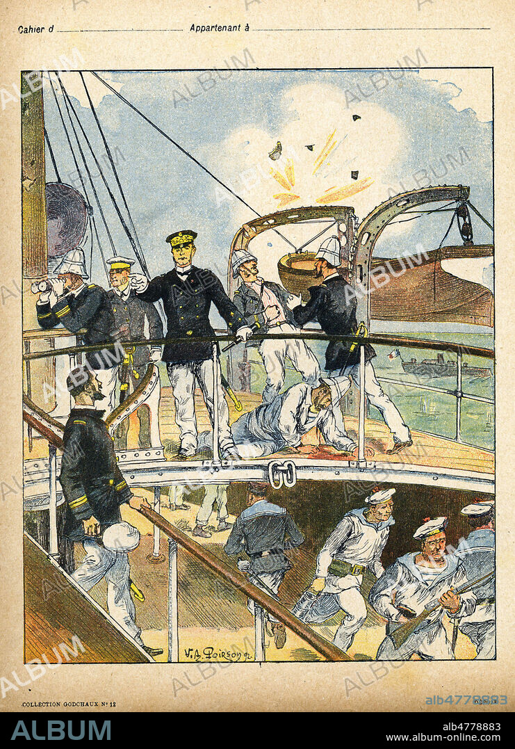 'Conquete du Tonkin : l'Amiral Courbet sur la passerelle du Volta au combat de Fou-Tcheou'. Illustration par POIRSON pour un protege-cahier vers 1890. Credit : Collection IM/KHARBINE-TAPABOR.