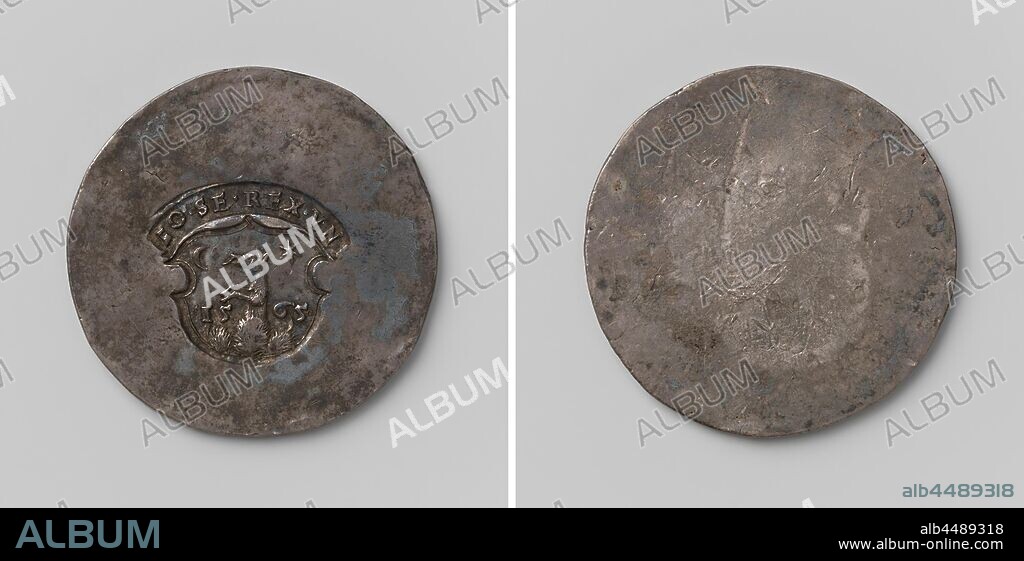 Jan II Zygmunt Zapolya, pretedent to the throne of Hungary, emergency coin from the war against Maximilian II, German emperor, single-sided emergency coin. Front: two stamps: upper stamp: letters IO, SE, REX and VN in pennant, lower stamp: in cartouche: standing animal halfway between moon and star and year. Reverse: blank, Johan II Sigismund Zápolya, Maximilian II (emperor of the Holy Roman Empire), anonymous, Hongarije, 1565, silver (metal), striking (metalworking), d 4.3 cm × w 28.42 gr.