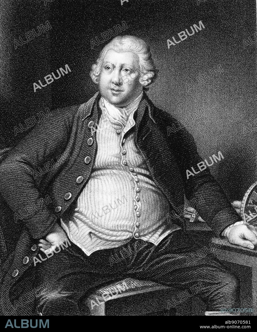 Richard Arkwright (1732-1792) British industrialist and inventor: Water-powered spinning frame. Engraving after portrait by Joseph Wright of Derby.