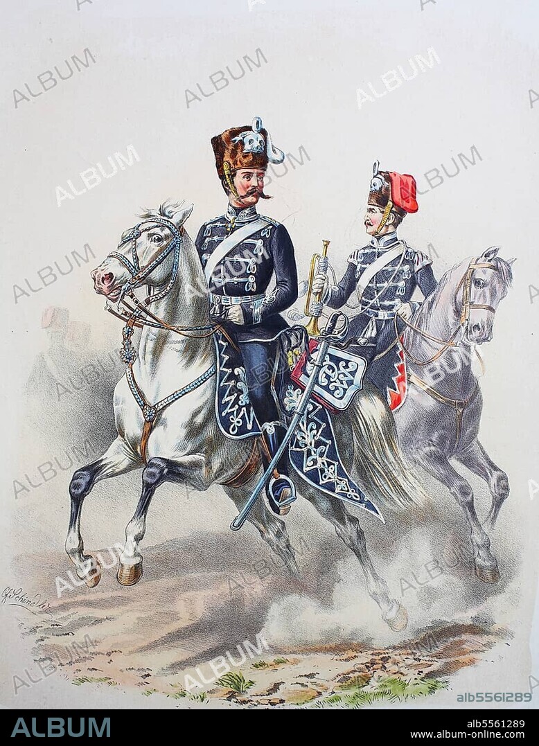 Prussian Army, Prussian Guard, Leib Hussar Regiment, Officer, Trumpeter, Army Uniform, Military, Prussia, Germany, Digitally restored reproduction of a 19th century original, Europe.