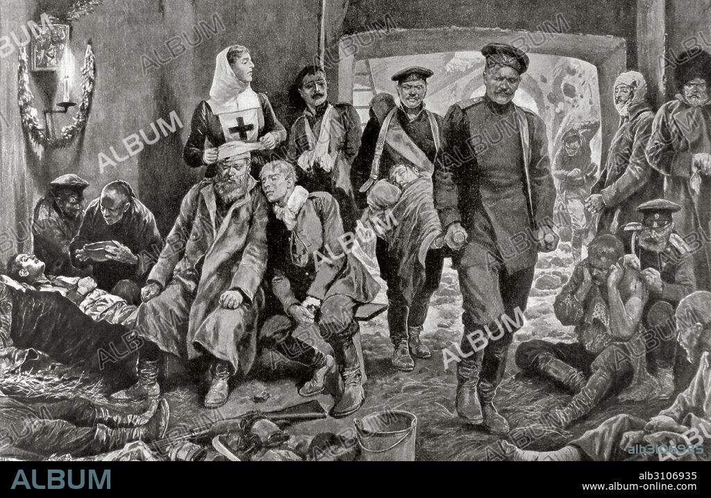 GUERRA RUSO-JAPONESA (1904-1905). Japón entró en guerra con Rusia con la finalidad de asegurarse intereses capitales en Corea y sur de Manchuria. "una ambulancia rusa en Manchuria". Grabado de R. Catón Woodville. La Ilustración Artística. Siglo XX.