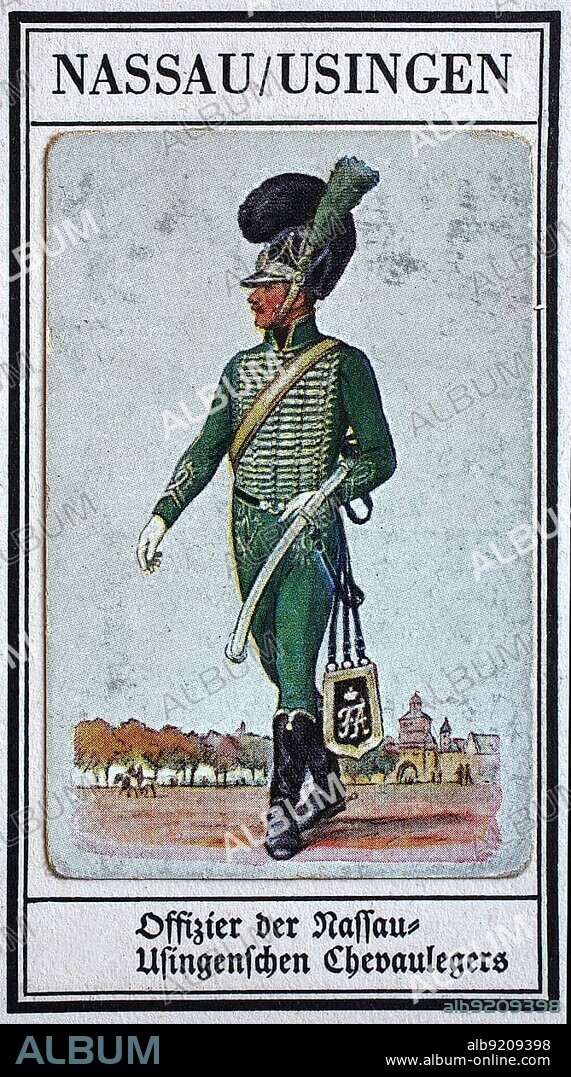 German uniforms of the 19th century, lines, cavalry: Nassau-Usingen, officer of the Nassau-Usingen chevauleger (light cavalry) s, Historical, digitally restored reproduction of a public domain collector's picture from the early 20th century.