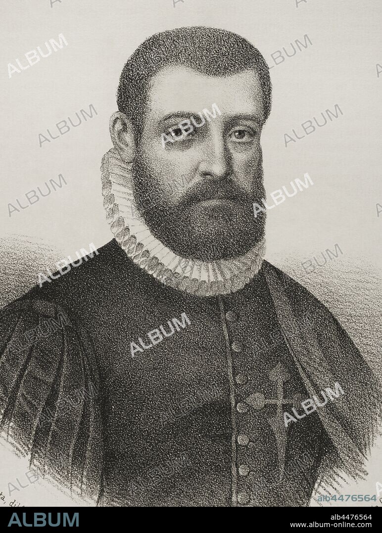 Pedro Menendez de Aviles y Alonso de la Campa (1519-1574). Spanish marine. Portrait, detail. Illustration by Llanta. Lithography. Cronica General de Espa–a. Historia Ilustrada y Descriptiva de sus Provincias. Asturias and Leon, 1867.