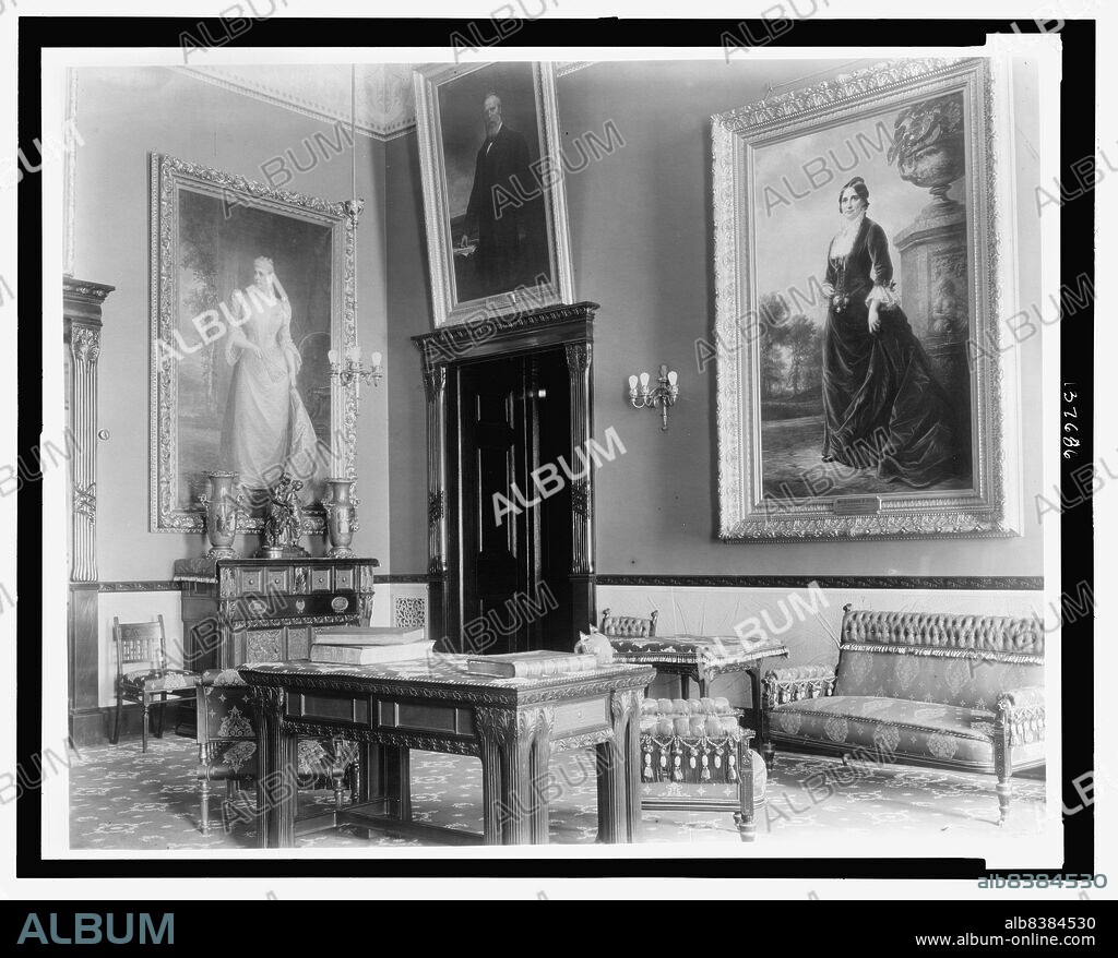 FRANCES BENJAMIN JOHNSTON. Red Room, White House, Washington, D.C., c1890. Photograph shows an interior view of the Red Room in the White House, with portrait paintings of Mrs. Rutherford B. Hayes, R.B. Hayes of Ohio, and Mrs. Benjamin Harrison.