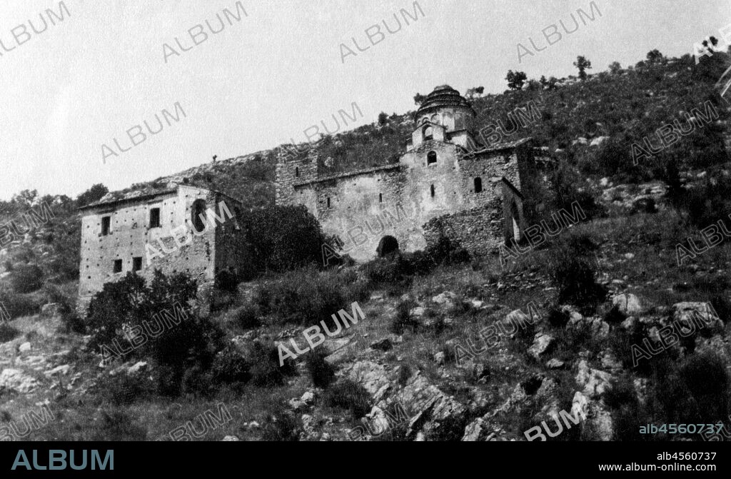 Italy, Basilicata, San Chirico Raparo, Basilian Abbey of sant'angelo with the cave entrance, 1930.