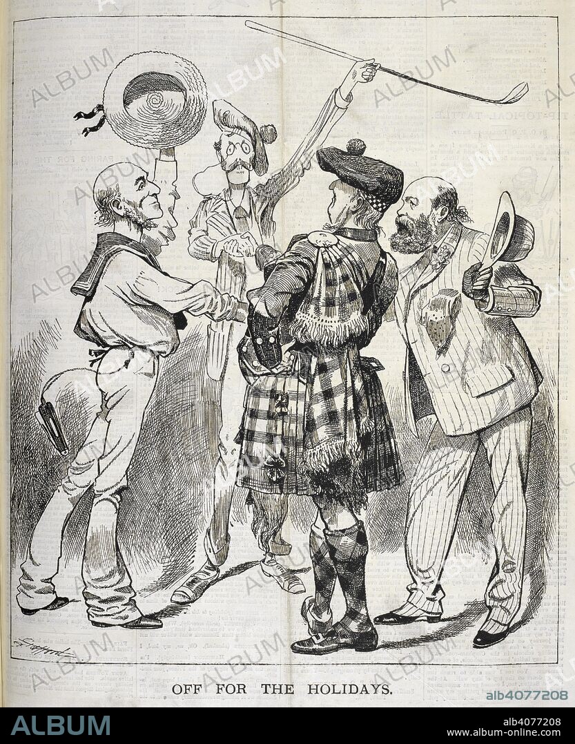'Off for the holidays'. Possibly a depiction of a Scotsman, Englishman, Irishman and Welshman. Funny folks. : A weekly budget of funny pictures, notes, jokes and stories. London, 1889. Source: Funny folks. 8 JUne 1889 page 177.