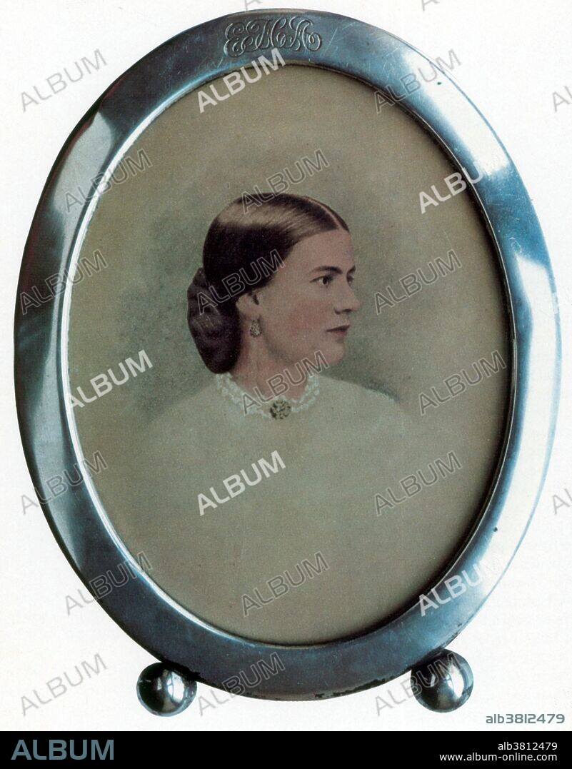 Ellen Lewis Herndon Arthur (August 30, 1837 - January 12, 1880) was the wife of the 21st President of the United States, Chester A. Arthur I. She died before he took office as President. Ellen Lewis Herndon and Chester Arthur I were introduced in 1856 and married in 1859. A talented soprano, Nell Arthur sang with the Mendelssohn Glee Club and performed at benefits around New York. They had two sons, one of whom died young, and a daughter. In January 1880, Nell Arthur came down with a cold. She quickly developed pneumonia and died two days later on January 12, 1880 at age 42. Arthur deeply mourned the death of his wife. After taking office as president, Arthur, who could see St. John's Episcopal Church from his office, commissioned a stained glass window dedicated to his wife at the church. He had it installed where he could view it at night, as the lights were kept on within the church. In addition, he ordered fresh flowers placed daily before her portrait in the White House. Photographer unknown.
