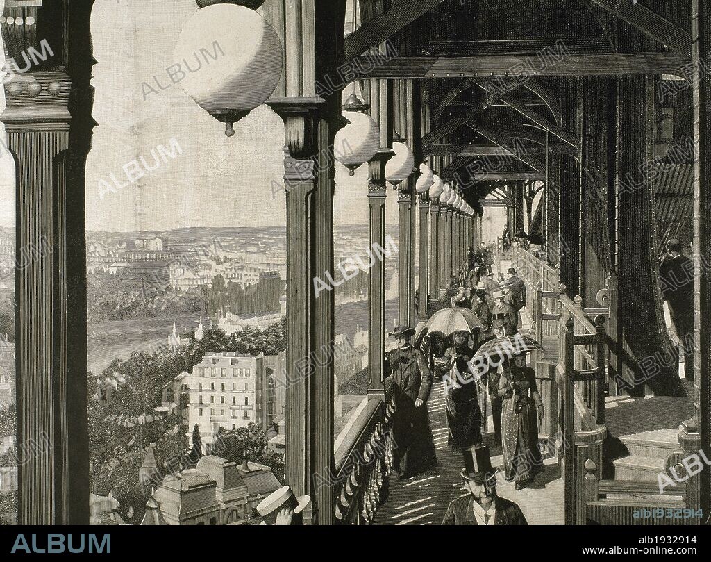 FRANCIA. EXPOSICION UNIVERSAL DE PARIS 1889. Interior de la TORRE EIFFEL. Grabado por Rico.