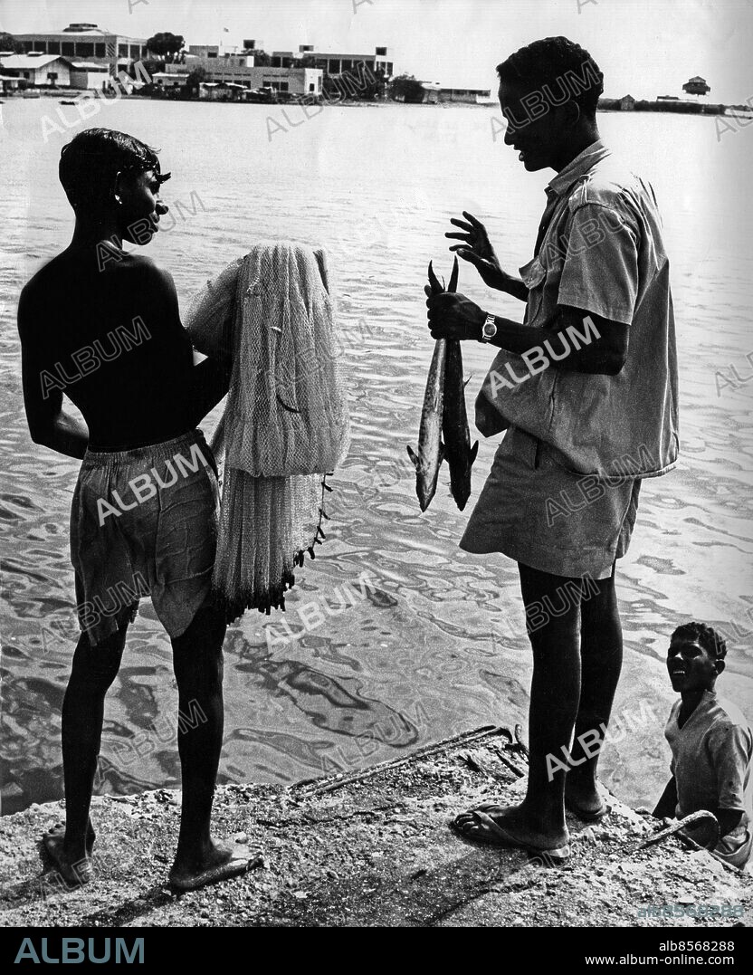 ARKIV ETIOPIEN 1963.. En svensk Afrikaexpedition som består av åtta män från Sveriges Radios Just nu-redaktion befinner sig i Etiopien. Här står två unga afrikanska män med fiskenät och fångst i form av två fiskar. Expeditionen ligger till grund för en artikelserie i Röster i radio-TV av naturkännaren och författaren Nils Linnman.. Foto: Jarl Ekenryd / SVT Bild / Kod: 5600. RiR sv/v 17094. RiR nr. 42/77, 37/80. Mapp: TV Afrika I. TV Rep.