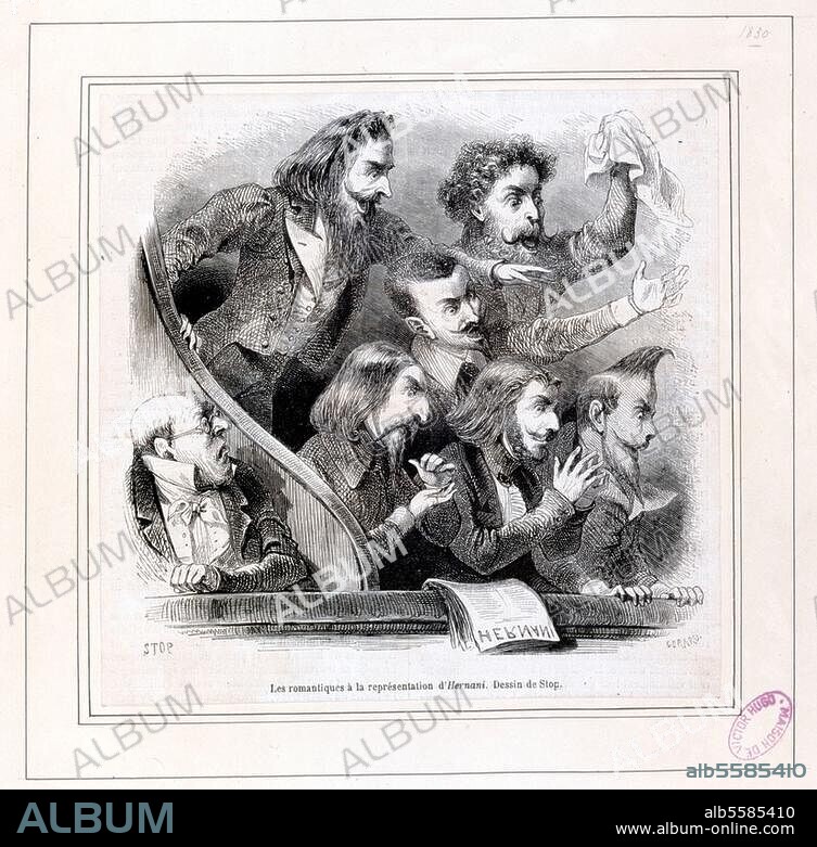 LOUIS) STOP (MOREL-RETZ. zu: Hugo, Victor; franz. Dichter. 1802-1885. Werke: Hernani (Drama), UA Paris 1830. "Les romantiques à la représentation d'Hernani" (Karikatur: Die Romantiker bei der Aufführung von Hernani). Holzstich von Gerard nach einer Zeichnung von Stop (eigentl. Louis Morel-Retz 1825-1899). Paris, Musée Victor Hugo.