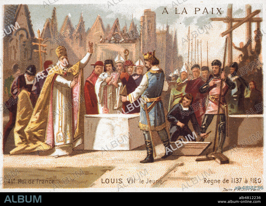' 41eme roi de France. Louis VII le jeune rege de 1137 a 1180 ' Louis VII a la basilique St Denis, chromo, 19eme siecle. Credit: Collection Kharbine Tapabor.