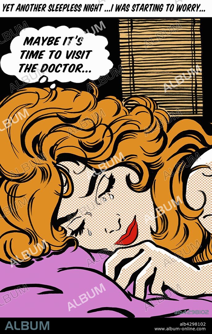 Close up of crying woman in bed thinking with thought bubble about calling doctor.