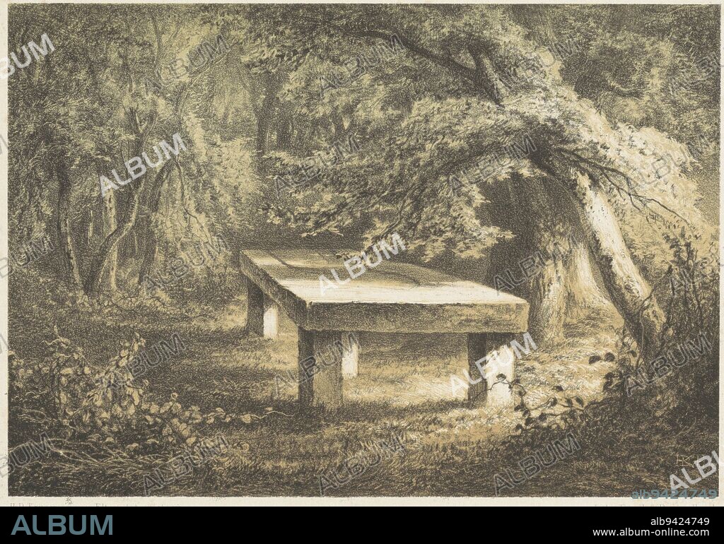 Teutonic stone altar of sacrifice in the forest, Teutonic altar of sacrifice Altar of sacrifice, print maker: Hendrik Dirk Kruseman van Elten, (mentioned on object), printer: Emrik & Binger, (mentioned on object), Haarlem, 1839 - 1904, paper, h 165 mm × w 258 mm.