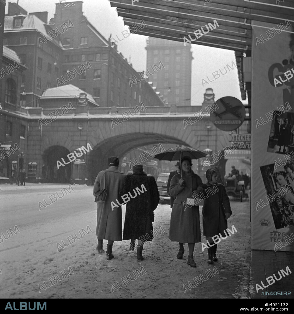 Kungsgatan, (King's Street) in winter, Stockholm, Sweden, 1950.
