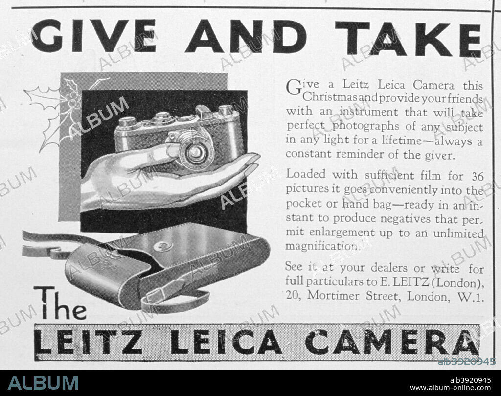 Leitz Leica camera advert, late 1920s.   Rights information: Cleared for Editorial Use Only. Please Contact Us For Any Other Clearance Rights.