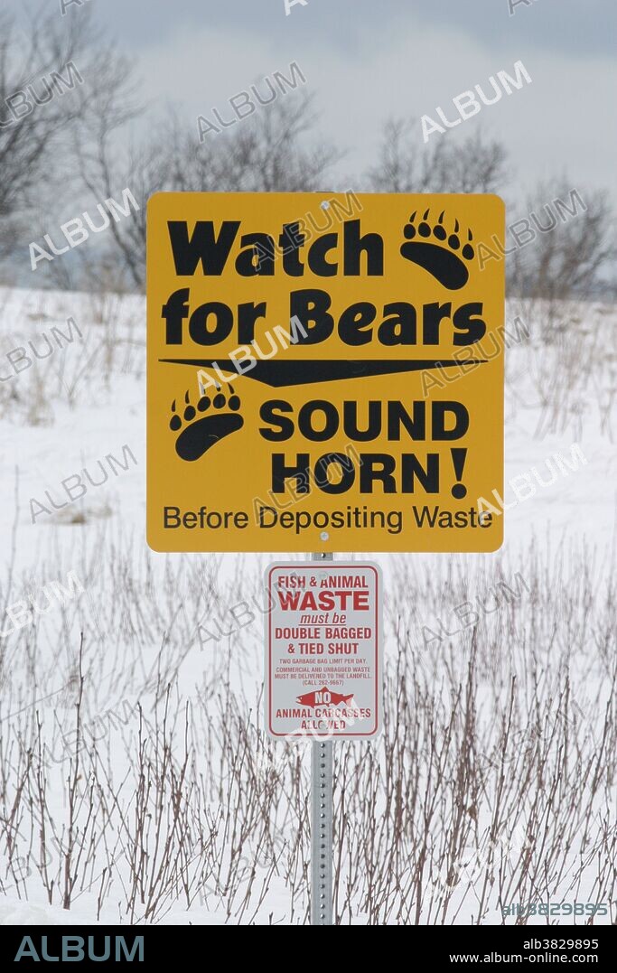 Bear warning sign at a refuse transfer station on the Kenai Peninsula in Alaska.