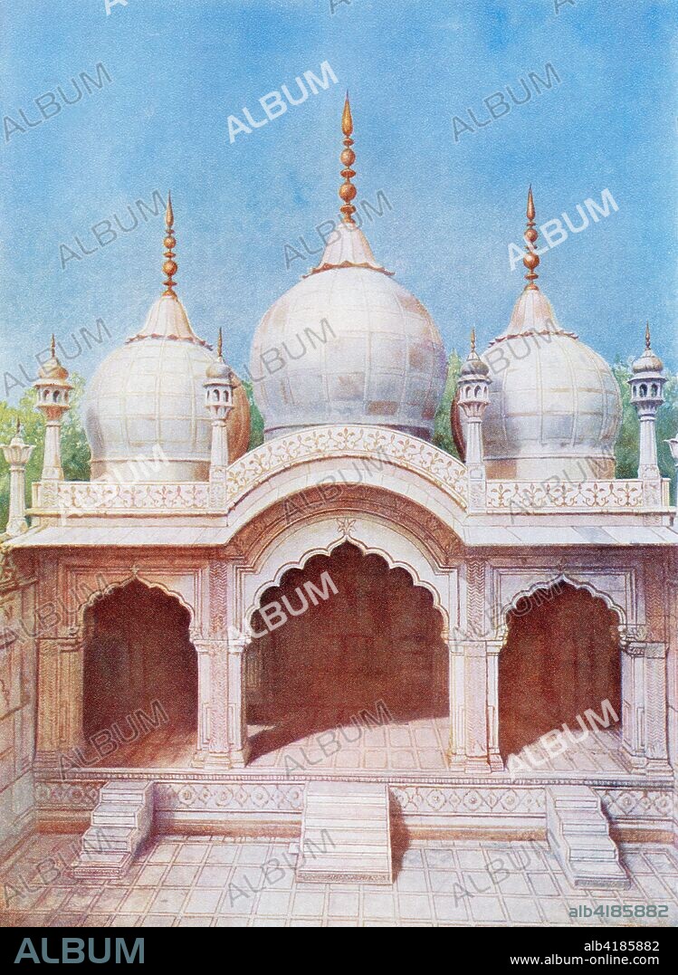 The Moti Masjid aka Pearl Mosque, a white marble mosque inside the Red Fort complex in Delhi, India, it was built by the Mughal emperor Aurangzeb from 1659-1660.  From The Wonders of the World, published c.1920.