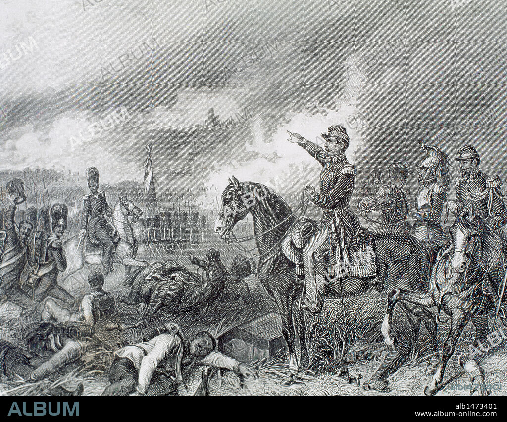 UNIFICACION ITALIANA. SEGUNDA GUERRA DE INDEPENDENCIA. "BATALLA DE SOLFERINO" (24 de julio de 1859). Enfrentamiento entre las fuerzas aliadas franco-piamontesas contra las austríacas, junto al pueblo lombardo de Solferino. Se acordó un armisticio por el que Napoleón III recibe de Austria la Lombardía para cederla a Victor Manuel. Grabado del año 1881.