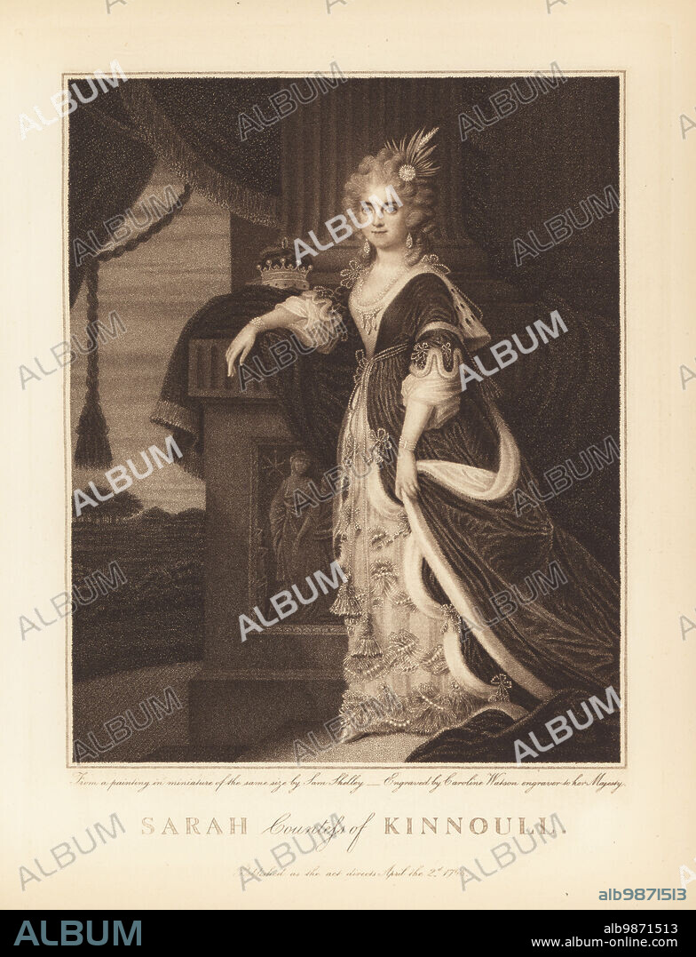 Sarah, Countess of Kinnoull, 1760-1837. Sarah Harley was the fourth daughter of Right Hon. Thomas Harley, Lord Mayor of London and married Robert Hay-Drummond, Earl of Kinnoull in 1781. In coronation robes: fur-lined cape, velvet gown, skirts decorated with pearls and jewels, coronet on a draped plinth. Copperplate stipple engraving by Caroline Watson after a miniature portrait by Samuel Shelley from Andrew W. Tuer's Bartolozzi and his Works, Field and Tuer, London, 1881.