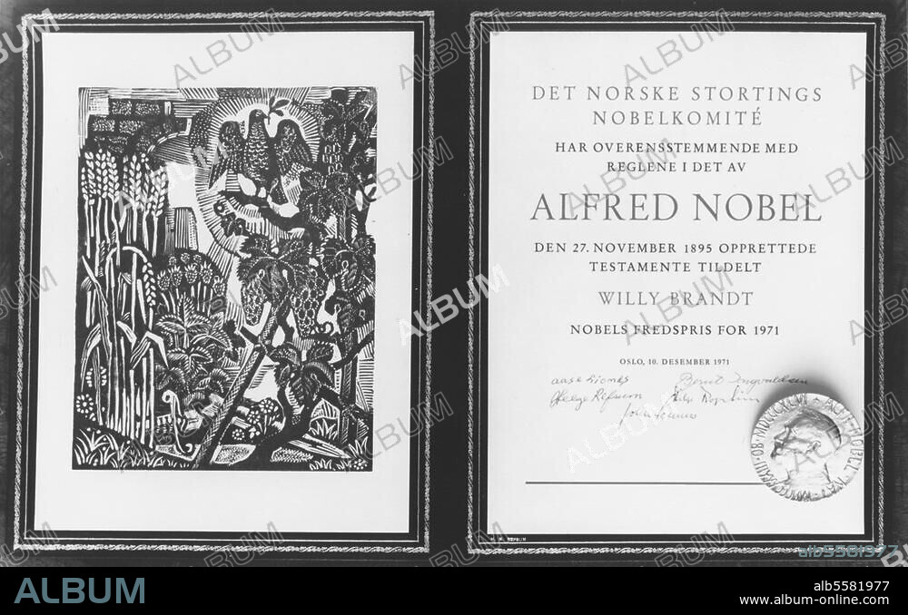 Brandt, Willy Politiker (SPD), Bundeskanzler 1969-74. 1913-1992. Urkunde und Medaille des Friedensnobelpreises für Willy Brandt, verliehen am 10. Dezember 1971 in Oslo.