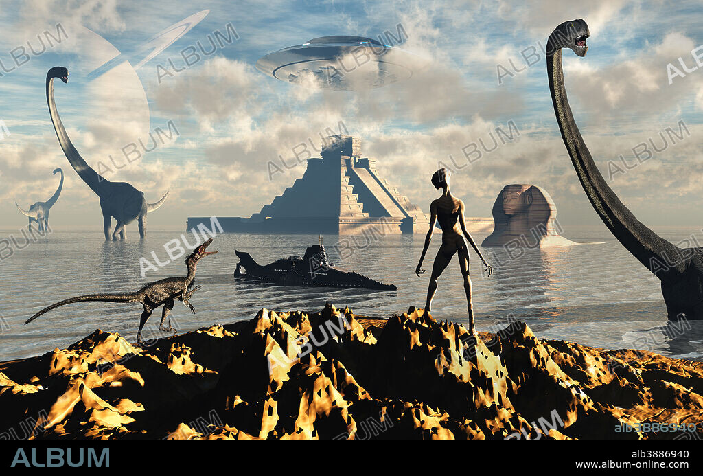 On an alien world not to unlike Earth, the dominant species are reptoid beings who co-exist with dinosaurs. Their technology is advanced and their ancient structures are exact copies of those found on Earth, suggesting that both worlds share the same influences in certain areas of civilization.