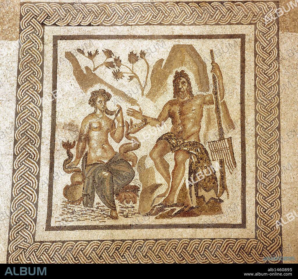 "CICLOPE POLIFEMO JUNTO A GALATEA". Galatea, una de las nereidas, fue amada por Polifemo, héroe arcadio hijo de Poseidón y uno de los Argonautas. Galatea lo rechazó para ofrecerse al Pastor Acis, que murió a manos de Polifemo. Mosaico romano existente en el Alcázar. Córdoba. Andalucía. España.