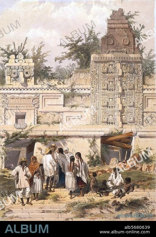 Uxmal (Mexique, Yucatan), Quadrilatère des Nonnes (Maya, VIIe-Xe siècle ap. J.-C. - Vue extérieure : façade de l'édifice nord. Lithographie, coloriée, d'ap. dessin de Frederick Catherwood. In : Views of Ancient Monuments in Central America, Chiapas and Yucatan. Londres, 1844.