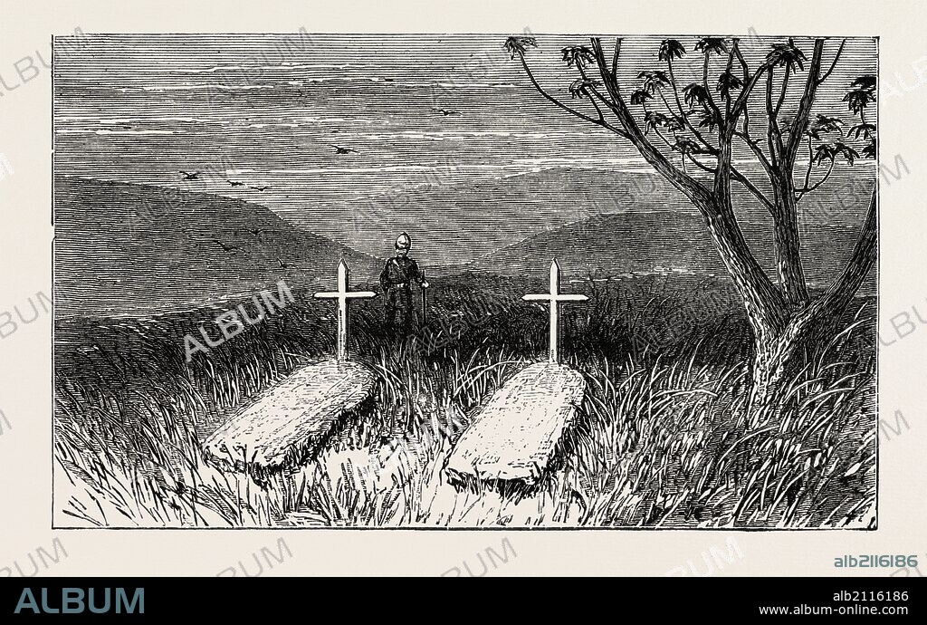 GRAVES OF LIEUT. SCOTT DOUGLAS AND CORPORAL COTTER AT KWAMAGAZA, ZULU WAR, ENGRAVING 1879.