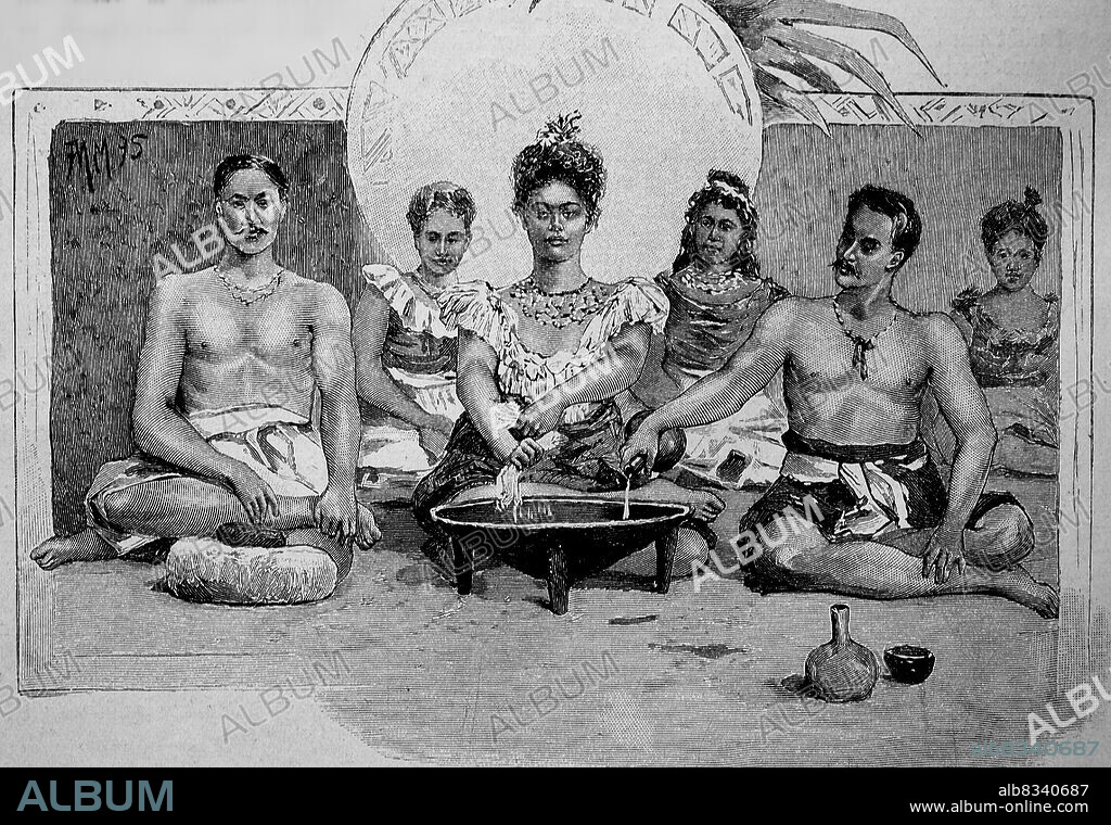 Preparation of Kava-Kava or Kawa-Kawa, a traditional drink of the Western Pacific region, which is consumed mainly as a ceremonial drink on religious and cultural occasions, here among the South Sea Islanders / Zubereitung des Kava-Kava oder Kawa-Kawa, ein traditionelles Getr§nk des westpazifischen Raume, das vor allem als Zeremonialgetr§nk bei religisen und kulturellen Anl§ssen konsumiert wird, hier bei den Sºdseeinsulanern, Historisch, historical, digital improved reproduction of an original from the 19th century / digital restaurierte Reproduktion einer Originalvorlage aus dem 19. Jahrhundert, Originaldatum nicht bekannt.