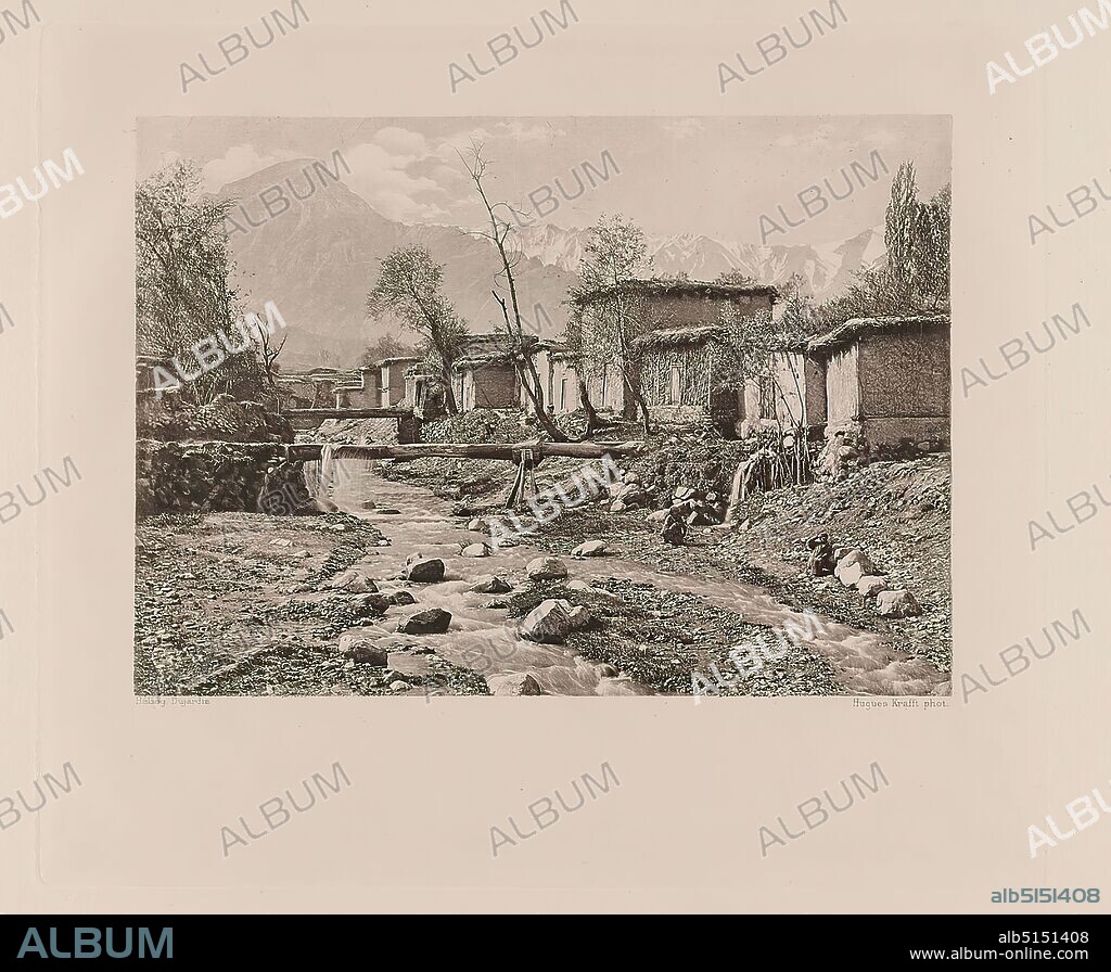 Hachette & Cie, Hugues Krafft, Dujardin, Le torrent d'Ourgout et les montagnes du Hazret-Soultan, from the book A travers le Turkestan Russe, paper, heliogravure, image size: height: 12.00 cm; width: 16.90 cm, travel photography, bridge, viaduct or aqueduct, hist. Place, city, village, river, mountains, mountains, trees, bushes, landscapes, waters, city view.
