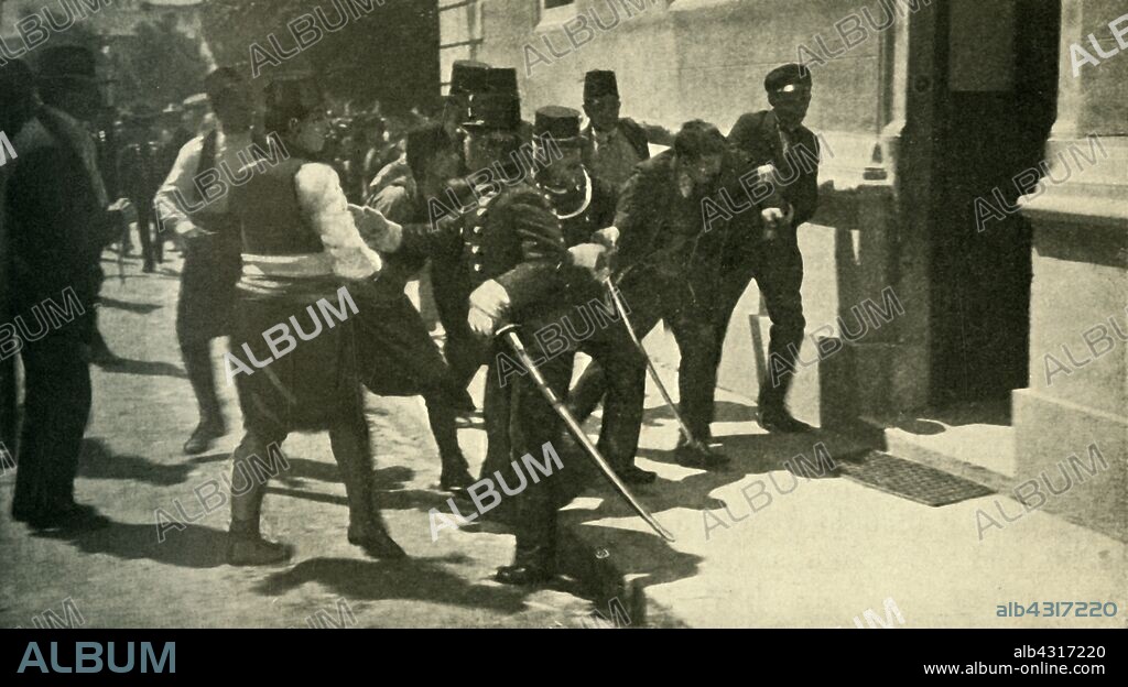 Arrest of Gavrilo Princip, assassin of Archduke Franz Ferdinand, Sarajevo, 28 June 1914, (c1920). "The Crime of Serajevo" - the Ostensible Cause of the War: the Arrest after the Assassination of the Archduke Franz Ferdinand and his Wife'. Serbian nationalist Gavrilo Princip (1894-1918) is taken into custody by local police after murdering Archduke Franz Ferdinand, heir to the Austrian throne, and his wife Sophie, Duchess of Hohenberg. The assassination was one of the causes of the First World War. From "The Great World War - A History" Volume I, edited by Frank A Mumby. [The Gresham Publishing Company Ltd, London, c1920].