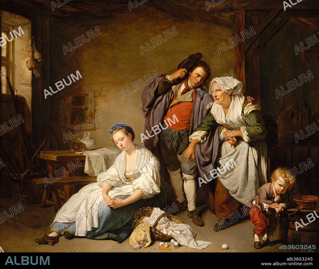 Broken Eggs. Artist: Jean-Baptiste Greuze (French, Tournus 1725-1805 Paris). Dimensions: 28 3/4 x 37 in. (73 x 94 cm). Date: 1756.
<i>Broken Eggs</i> attracted favorable comment when exhibited at the Paris Salon of 1757. One critic noted that the young serving girl had a noble pose worthy of a history painter.
The canvas was painted in Rome, but the principal source may have been a seventeenth-century Dutch work by Frans van Mieris the Elder (State Hermitage Museum, St. Petersburg), which Greuze would have known from an engraving. The broken eggs symbolize the loss of the girl's virginity.