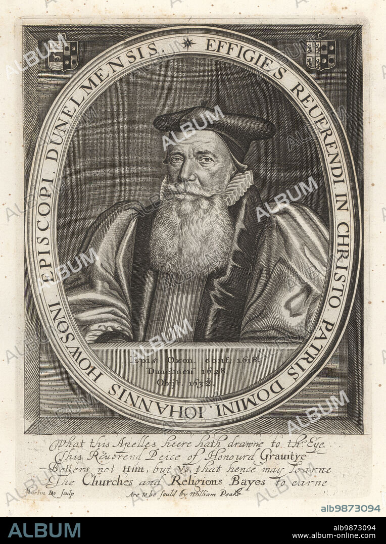 John Howson, English academic and ecclesiastic, Bishop of Durham, c.1557-1632. In cap, full beard, ruff collar, velvet robes. With coat of arms. Johannis Howsoni Episcopi Dunelmensis. After an original plate by Martin Droeshout, sold by William Peake. Copperplate engraving from Samuel Woodburns Gallery of Rare Portraits Consisting of Original Plates, George Jones, 102 St Martins Lane, London, 1816.