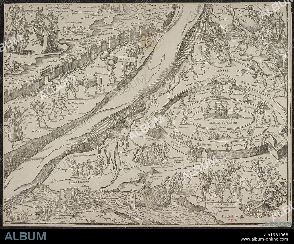 Allegorical map, a satire on the Roman Catholic church from the 16th century. . Mappemonde nouvelle papistique. Satirical drawing. [Geneva], [1566?]. Mappemonde nouvelle papistique. A satire on the Roman Catholic Church by T. de Beza or P. Viret? in the form of an allegorical map, with letterpress on three sides. BÃ¨ze, ThÃ©odore de, 1519-1605. Viret, Pierre, 1511-1571. Source: C.160.c.7 15. Language: French.