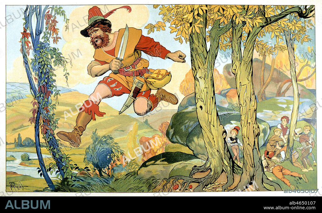 Le petit Poucet: l'ogre court avec ses bottes de sept lieues pour rattrapper le petit Poucet et ses freres. Illustration d'Henri THIRIET (1873-1946) pour un conte de Charles PERRAULT (1628-1703), debut 20e s. Credit: Coll. Kharbine-Tapabor.