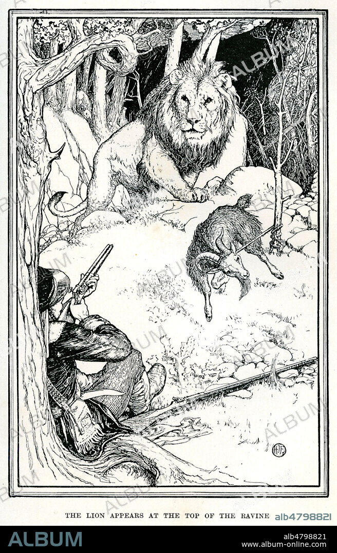 Le lion apparut devant en haut de la ravine (Jules GERARD (1817-1864) le tueur de lions a l'affut). Illustration de 1899 par Henry FORD (1860-1941) pour The red Book of Animal Stories par Andrew LANG (1844-1912). Credit : Collection Jonas/Kharbine-Tapabor.