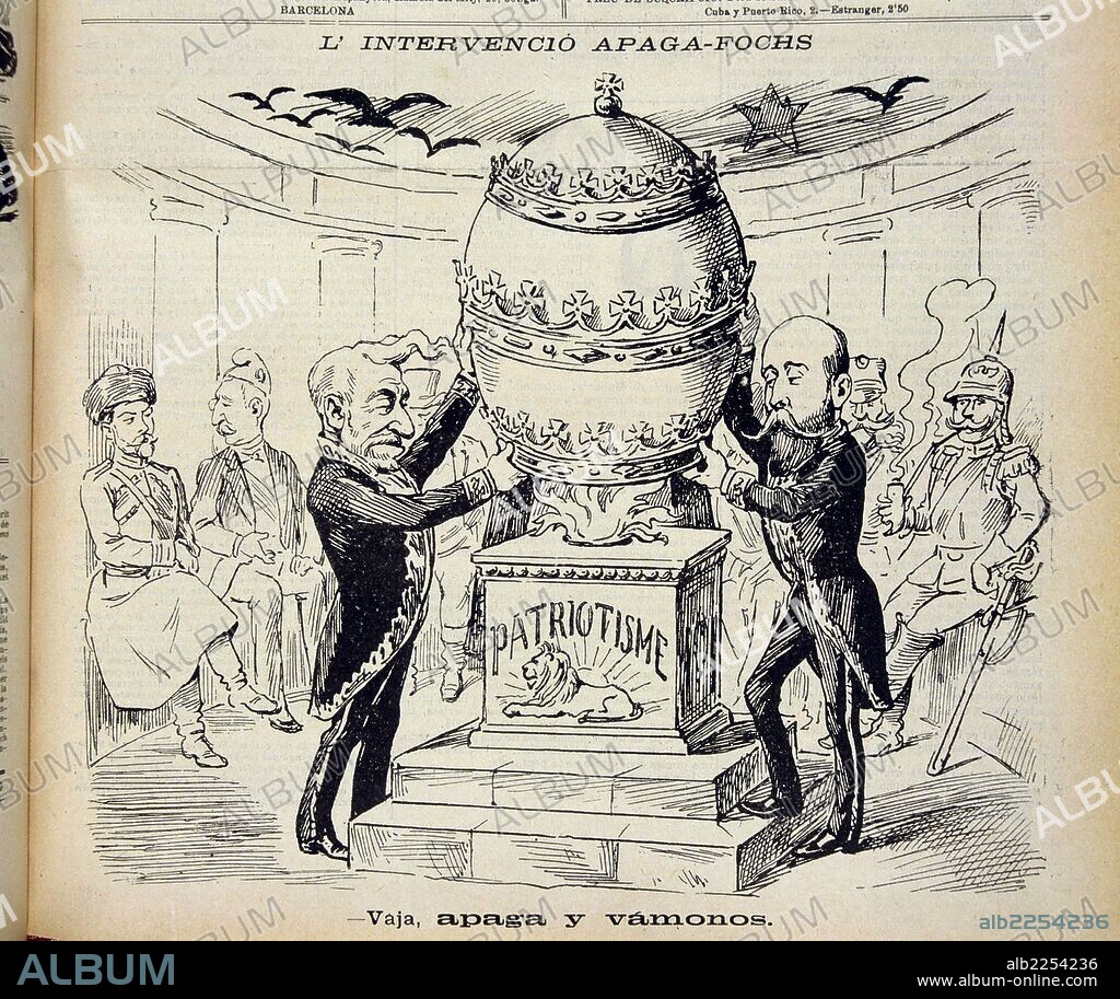 SAGASTA , PREXADES MATEO. POLITICO ESPAÑOL. TORRECILLA DE CAMEROS 1827 - 1903. PRESIDENTE DEL GOBIERNO. CARICATURA EN LA REVISTA SATIRICA " LA CAMPANA DE GRACIA " , BARCELONA 1898 , CON SEGISMUNDO MORET Y LA MEDIACION VATICANA. GUERRA DE CUBA.