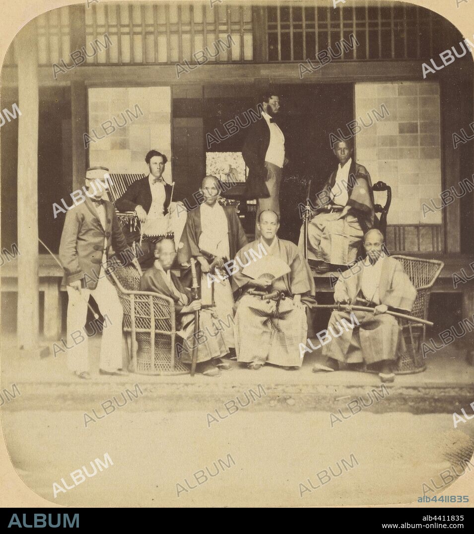 Jeda. Group of Japanese Officers, with Messrs. Macdonald, Gower, and Fletcher, Attaches to The British Legation, at Jeda., Pierre Joseph Rossier (Swiss, 1829 - about 1883), Negretti & Zambra (British, active 1850 - 1899), 1858–1859, Albumen silver print.