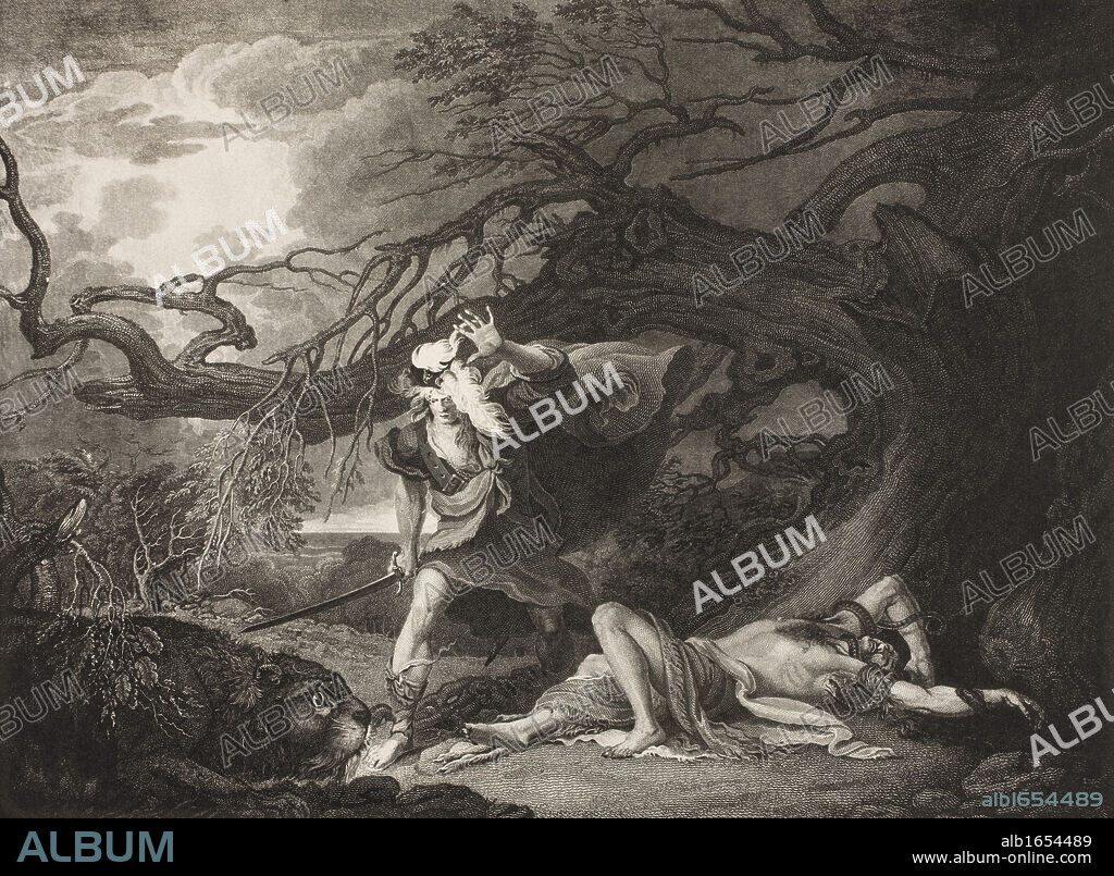 As You Like It. Act IV. Scene III. The Forest. The Rescue of Oliver as related by Oliver to Rosalind and Celia. From The Boydell Shakespeare Gallery published late 19th century. After a painting by Raphael West.