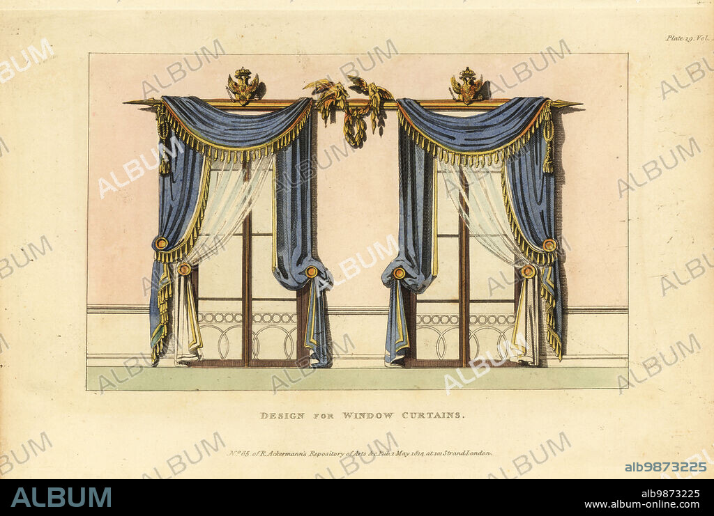 Regency era window curtains. Drapes in blue and white with lilies in the French royal colours, Russian eagles above the curtain rods, doves with laurel garland to symbolize victory over Napoleon. Designed and manufactured by Thomas Morgan and Joseph Sanders, Catherine Street, Strand, 1814. Handcoloured copperplate engraving from The Upholsterer's and Cabinet-Maker's Repository consisting of seventy-six designs of modern and fashionable furniture, Rudolph Ackermann, London, 1830.