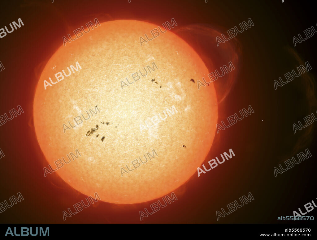 Illustration of the sun with visible dark sunspots on the surface, prominences and some solar wind blowing off at the right. Mercury is the white dot, in scale, to the right. The Sun is approximately 300 times larger than Mercury, and 120 times larger than the Earth. The light from the sun takes 8 minutes and 20 seconds to reach us, but the solar wind is much slower. Once it arrives, it can wreak havoc in our atmosphere, creating auroras, but also magnetic storms that blow out electrical infrastructure.