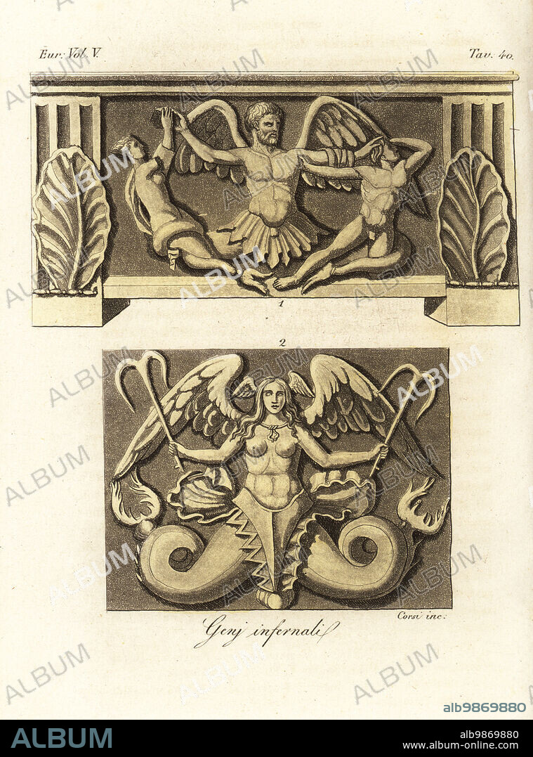 Ancient Etruscan chimera. A winged marine demon with fish tail limbs tormenting a man and woman 1, and Scylla an infernal winged mermaid with giant hooks 2. Geni infernali. Handcoloured copperplate engraving by Corsi from Giulio Ferrarios Costumes Ancient and Modern of the Peoples of the World, Il Costume Antico e Moderno, Florence, 1843.