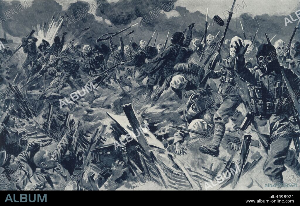 'Hooded British Territorials charging the German Trenches at Loos, September 25th, 1915', 1916. British troops in gas masks charged German trenches at the Battle of Loos on the Western Front, it was the biggest British attack of 1915, and the first time the British used poison gas. From "The War Illustrated Album De Luxe - Volume IV. The Summer Campaign - 1915", edited by J. A. Hammerton. [The Amalgamated Press, Limited, London, 1916].