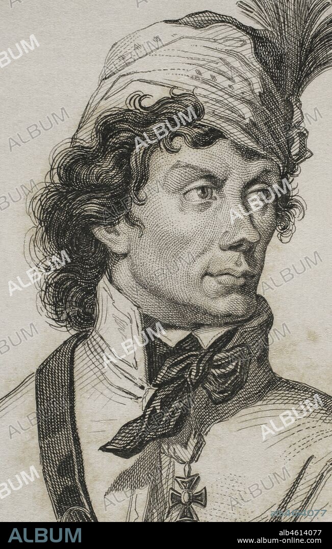 Andrzej Tadeusz Bonawentura Kosciuszko (1746-1817). Ingeniero y líder militar polaco. Héroe nacional en Polonia, Bielorrusia y Estados Unidos, por su participación en la guerra de la independencia. Retrato, detalle. Grabado por Lemaitre, Vernier y Masson. Historia de Polonia, por Charles Foster. Panorama Universal, edición española de 1840.