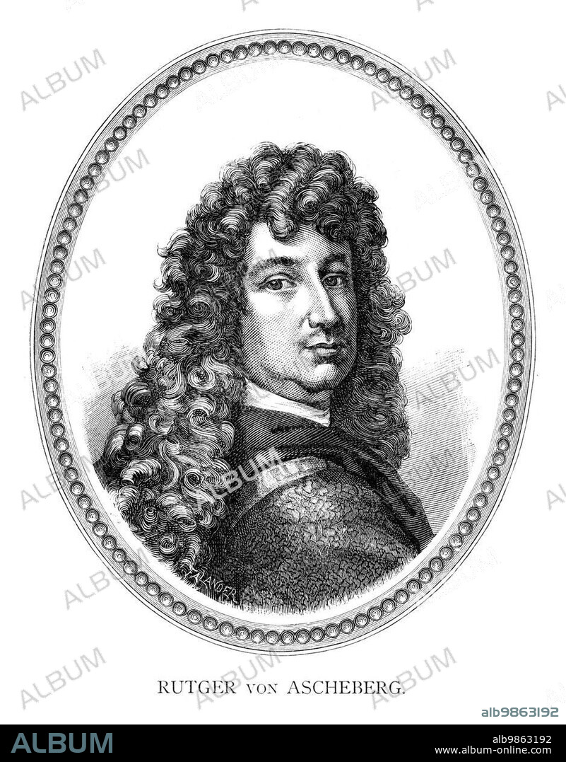 Count Rutger von Ascheberg (1621?1693) was a soldier, officer and civil servant in Swedish service, being appointed Lieutenant General in 1670, General in 1674, Field Marshal in 1678, Governor General of Skåneland (the Scanian provinces), i.e. the provinces of Scania, Halland and Blekinge, in 1680, and Royal Councilor in 1681. Engraving by Ida Falander (1842-1927), published in Starbäck, Bäckström: Berättelser ur Svenska Historien ca 1880.